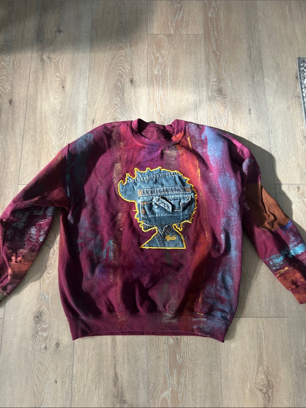Burgundy Graphic Crewneck Sweater with Denim Patch
